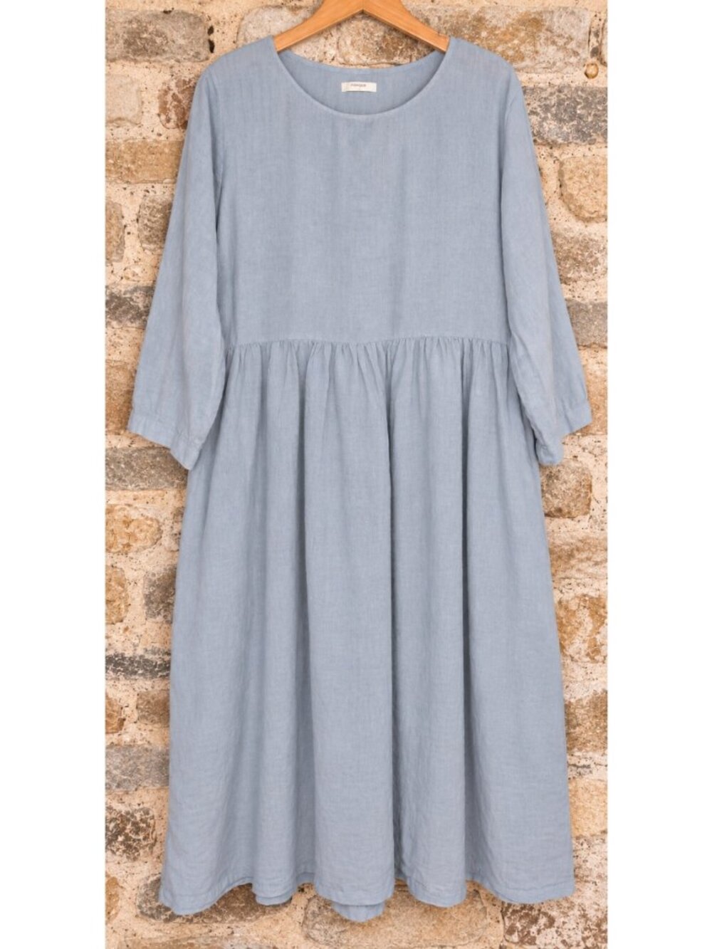 Menique Size L Lucy 100% Heavy Linen Midi Dress Pockets Popover Flare Light Blue